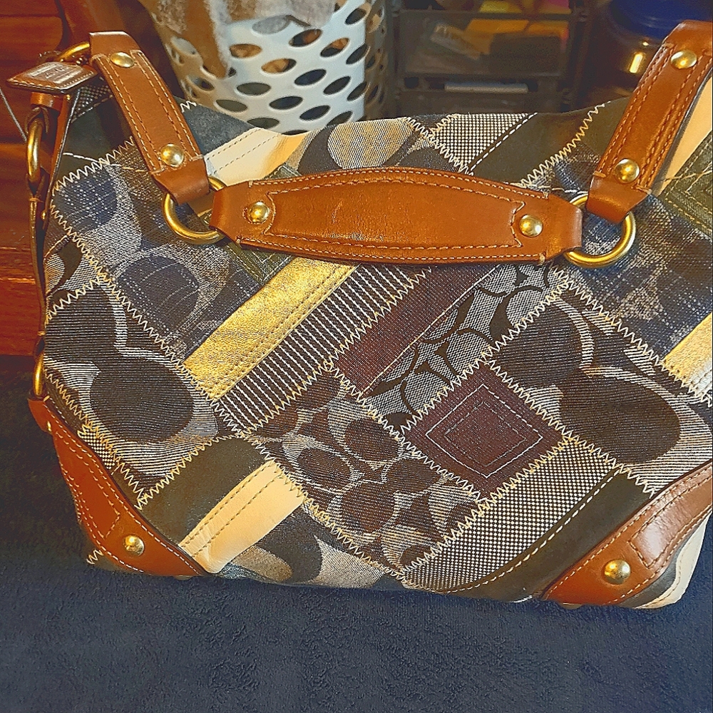 Coach Carly Indigo Blue Denim Patchwork Brown